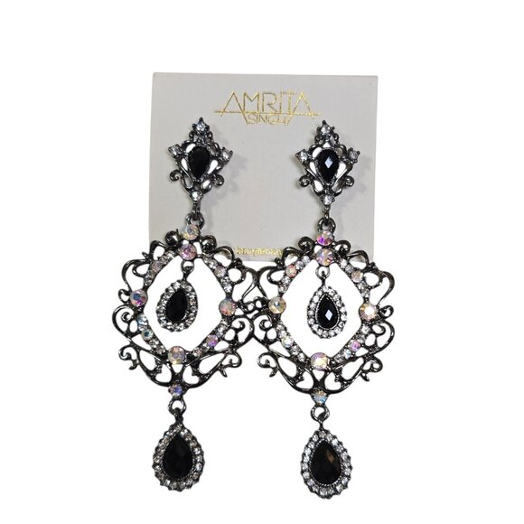Amrita Singh Chandelier Gunmetal Plated Crystal Earrings NWT - Picture 1 of 4